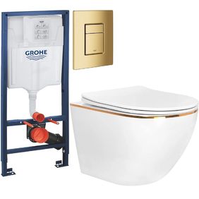 Златен бутон и казанче Grohe + тоалетна със златен ръб Carlo